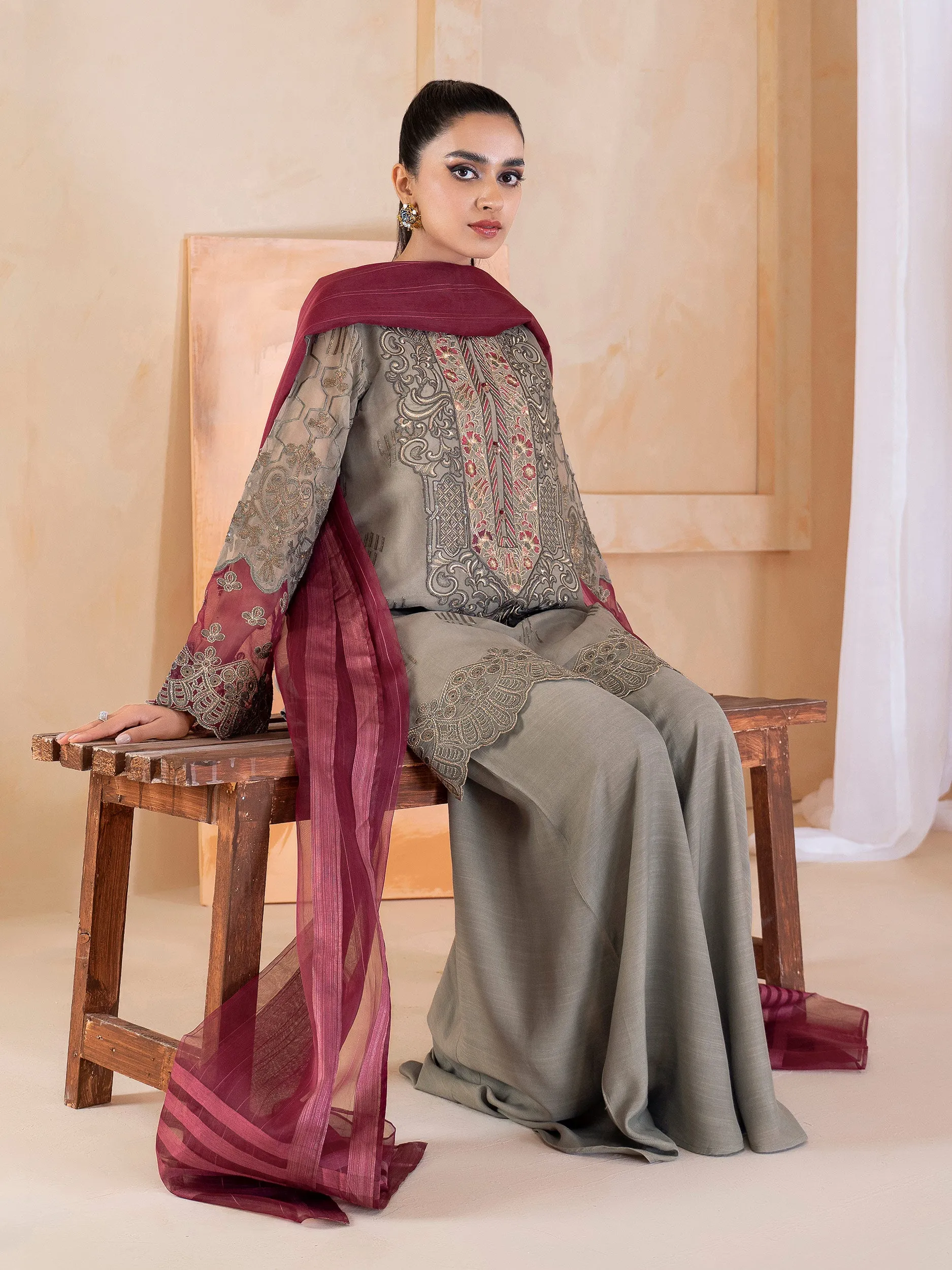 3 Piece Organza Suit-Embroidered (Unstitched)