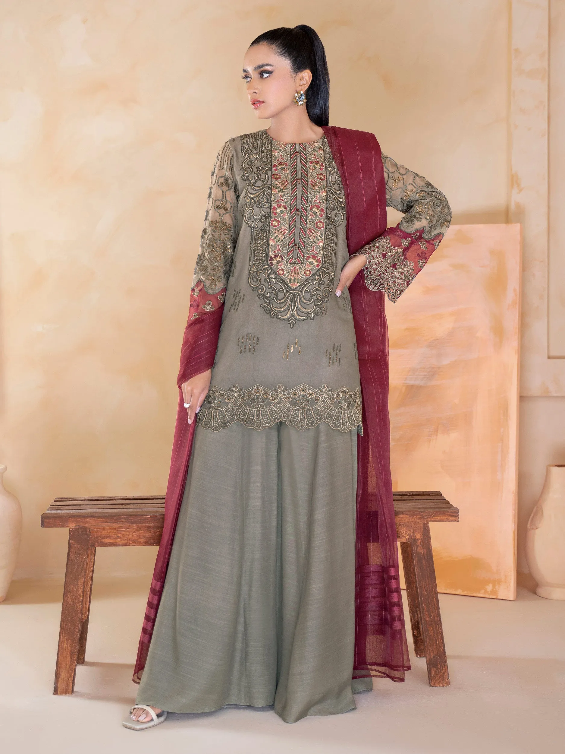 3 Piece Organza Suit-Embroidered (Unstitched)