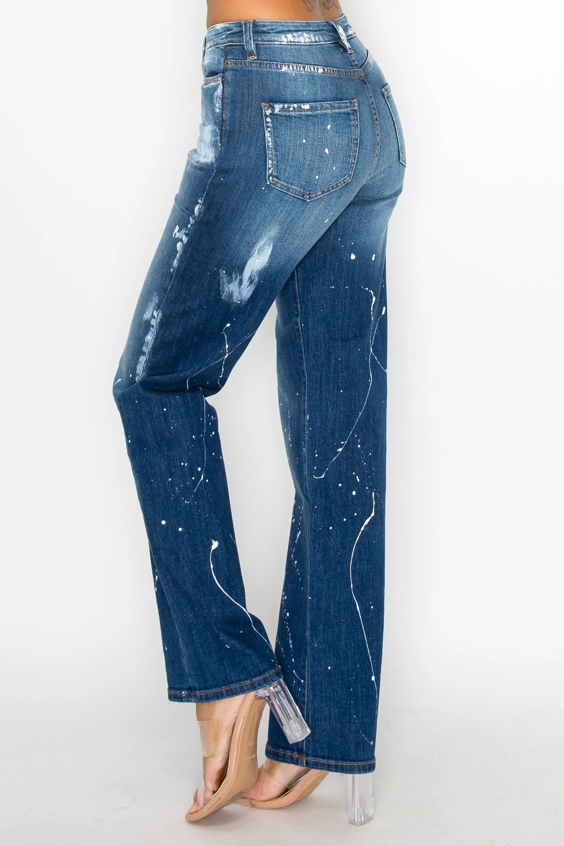 40576 Women's Mid Rise Loose Fit Jeans w/ White paint splash