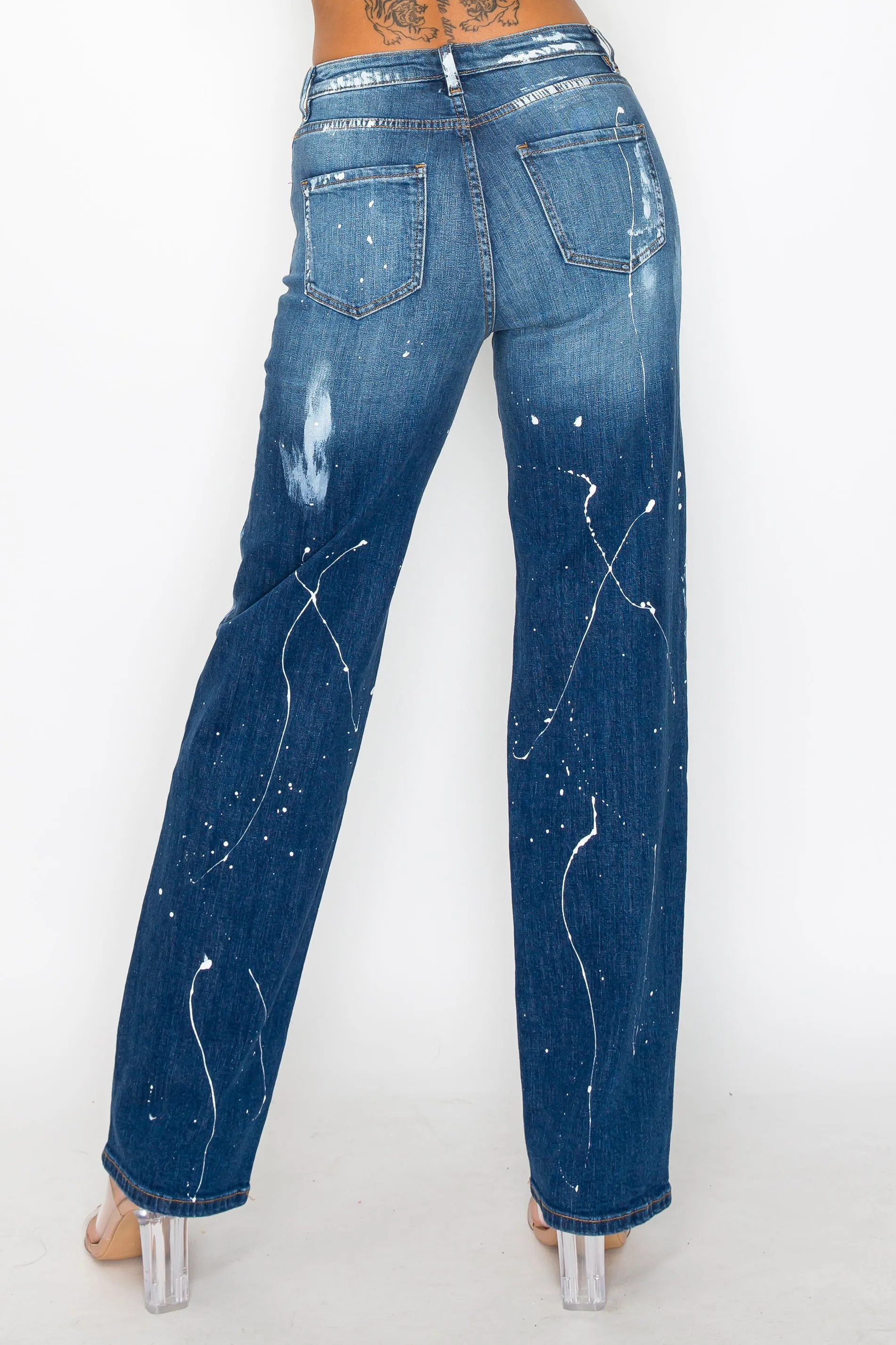 40576 Women's Mid Rise Loose Fit Jeans w/ White paint splash