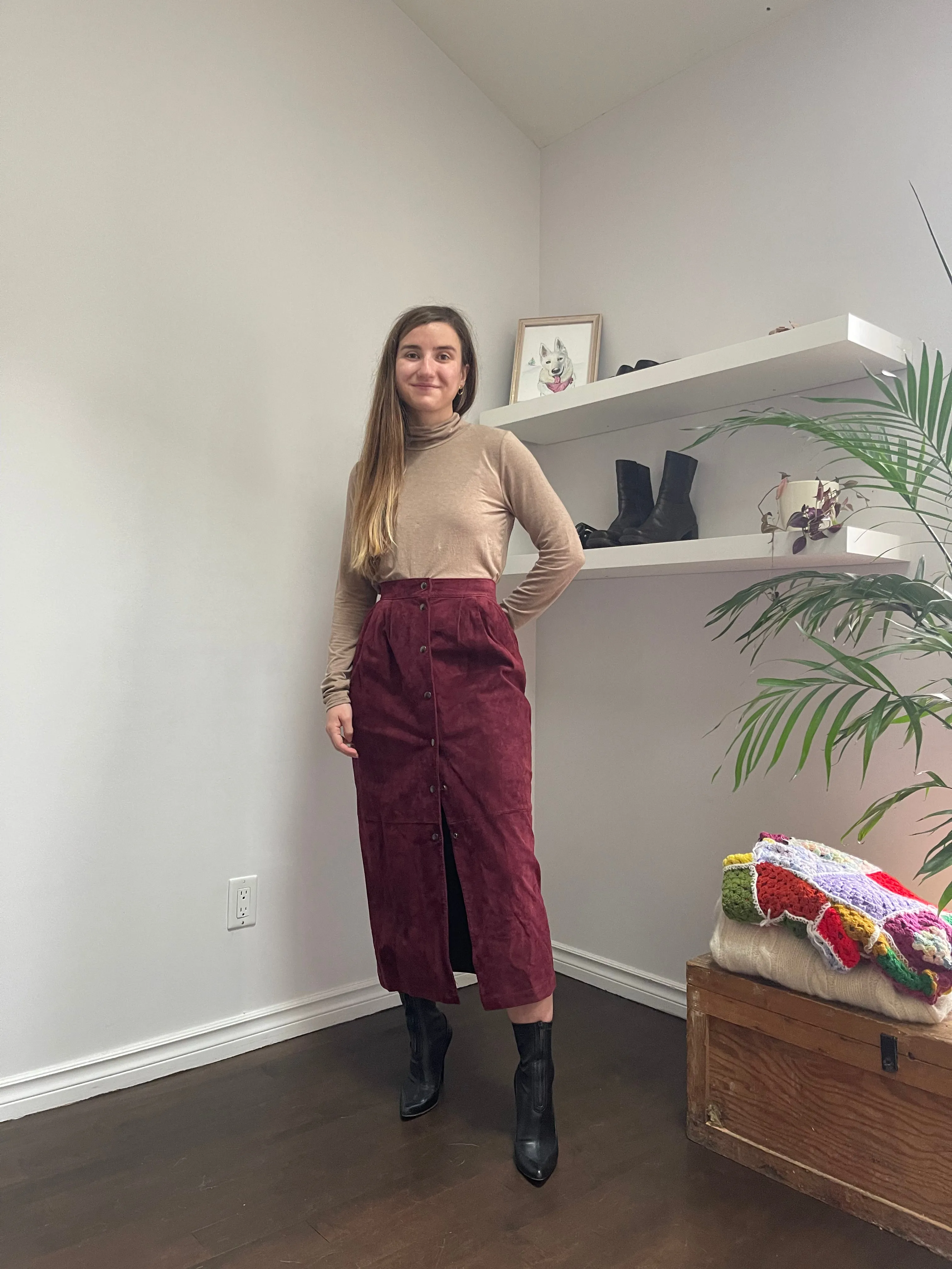 80s Merlot Suede Midi Skirt - 6