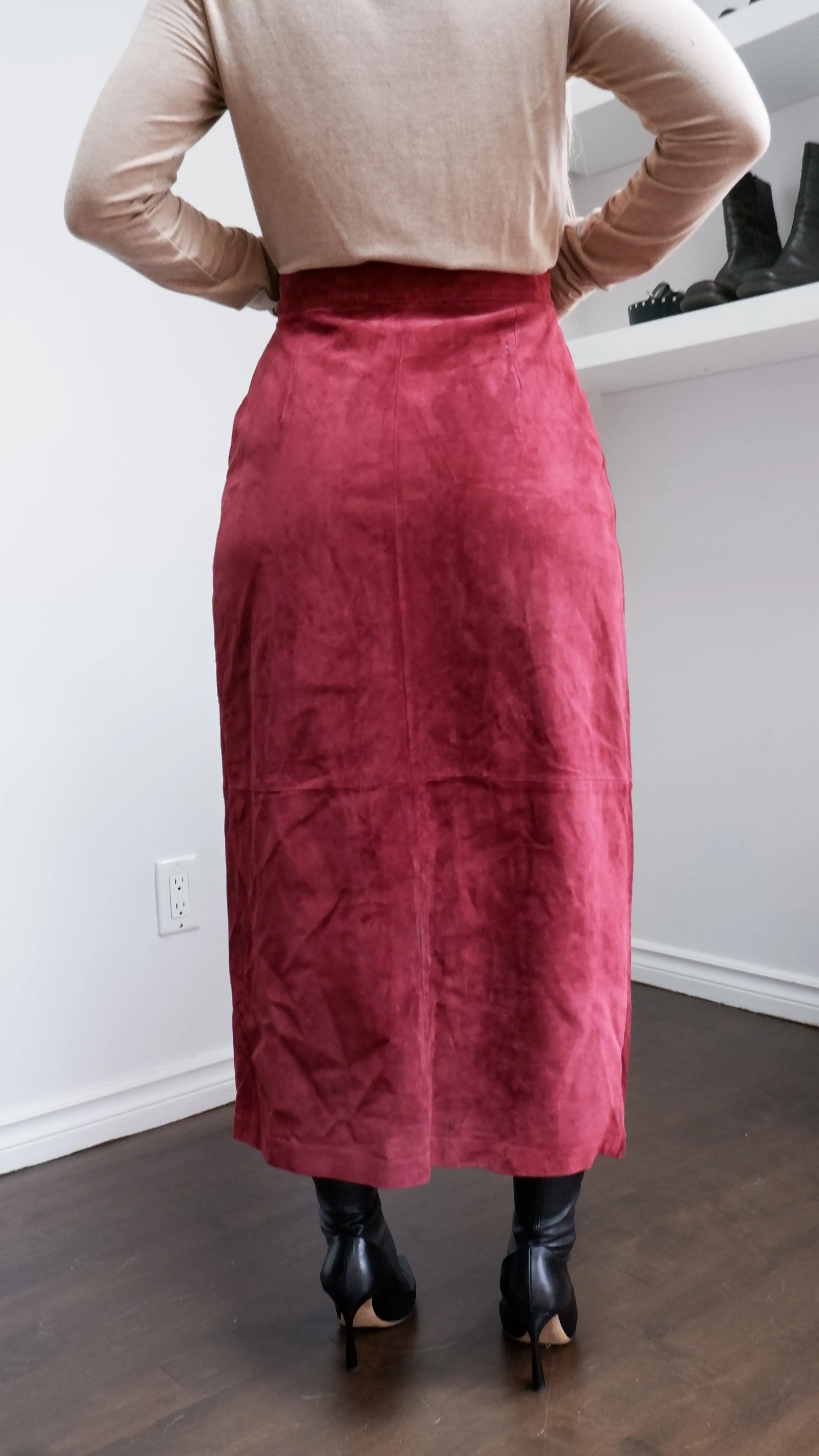 80s Merlot Suede Midi Skirt - 6