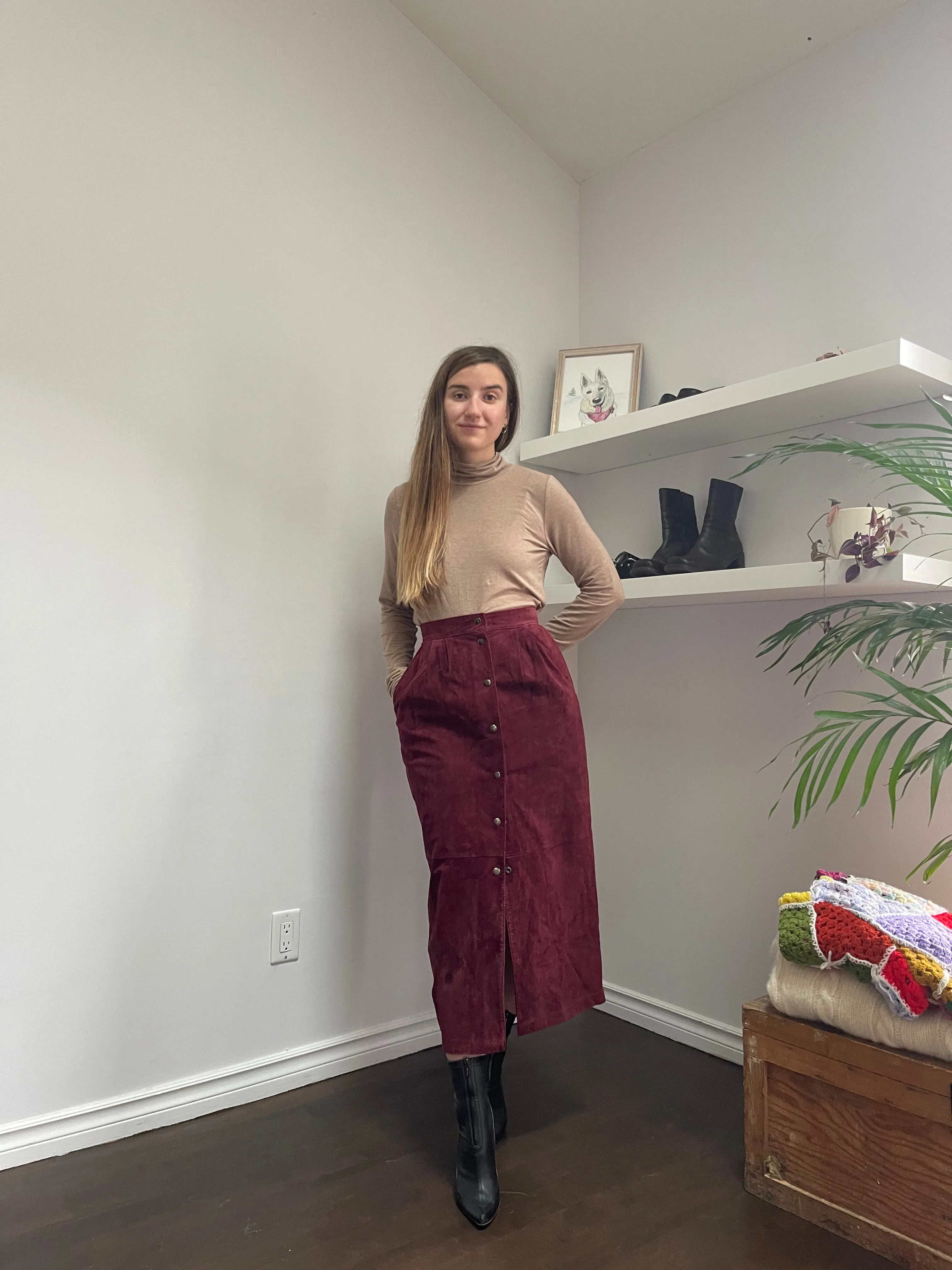 80s Merlot Suede Midi Skirt - 6