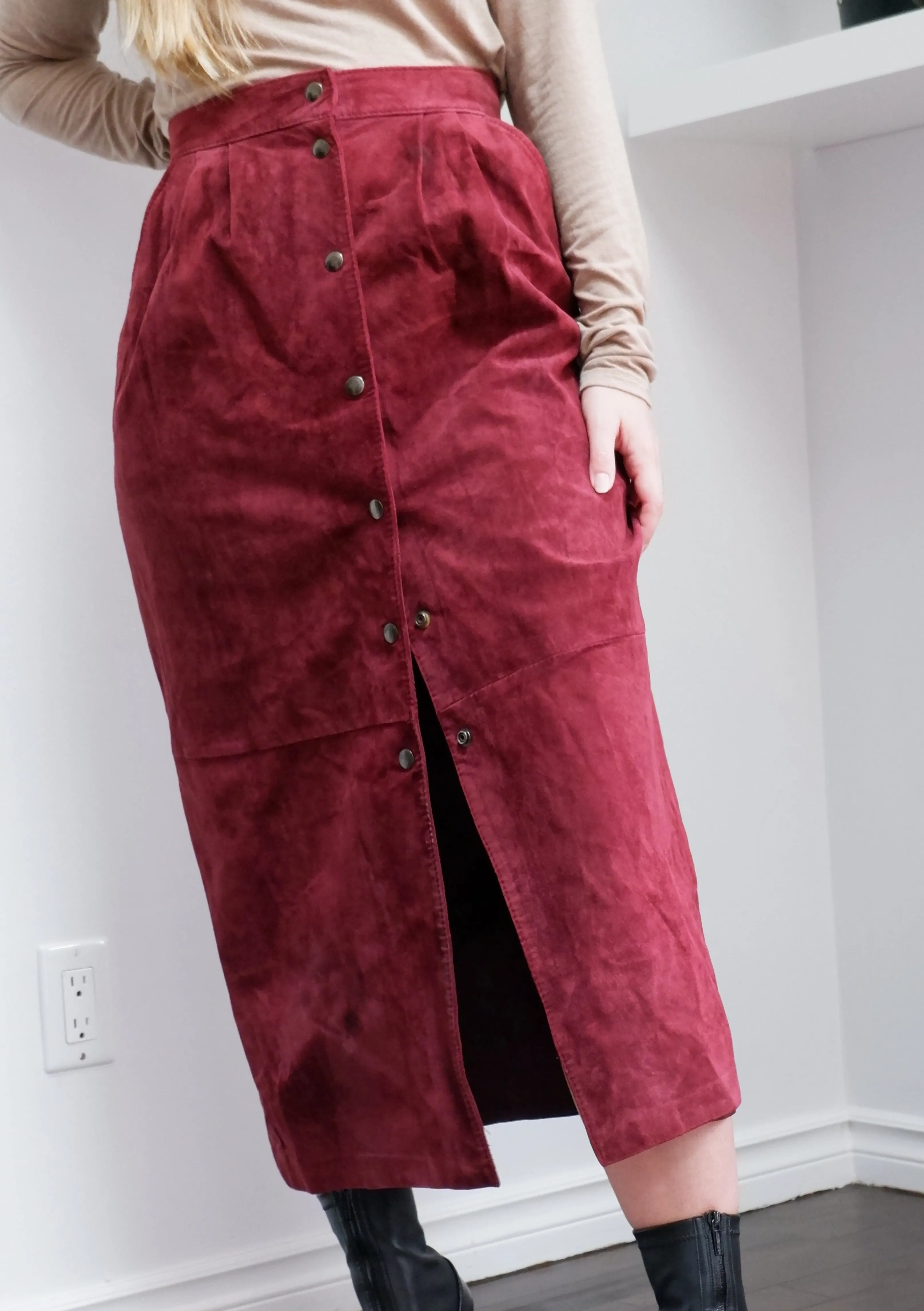 80s Merlot Suede Midi Skirt - 6