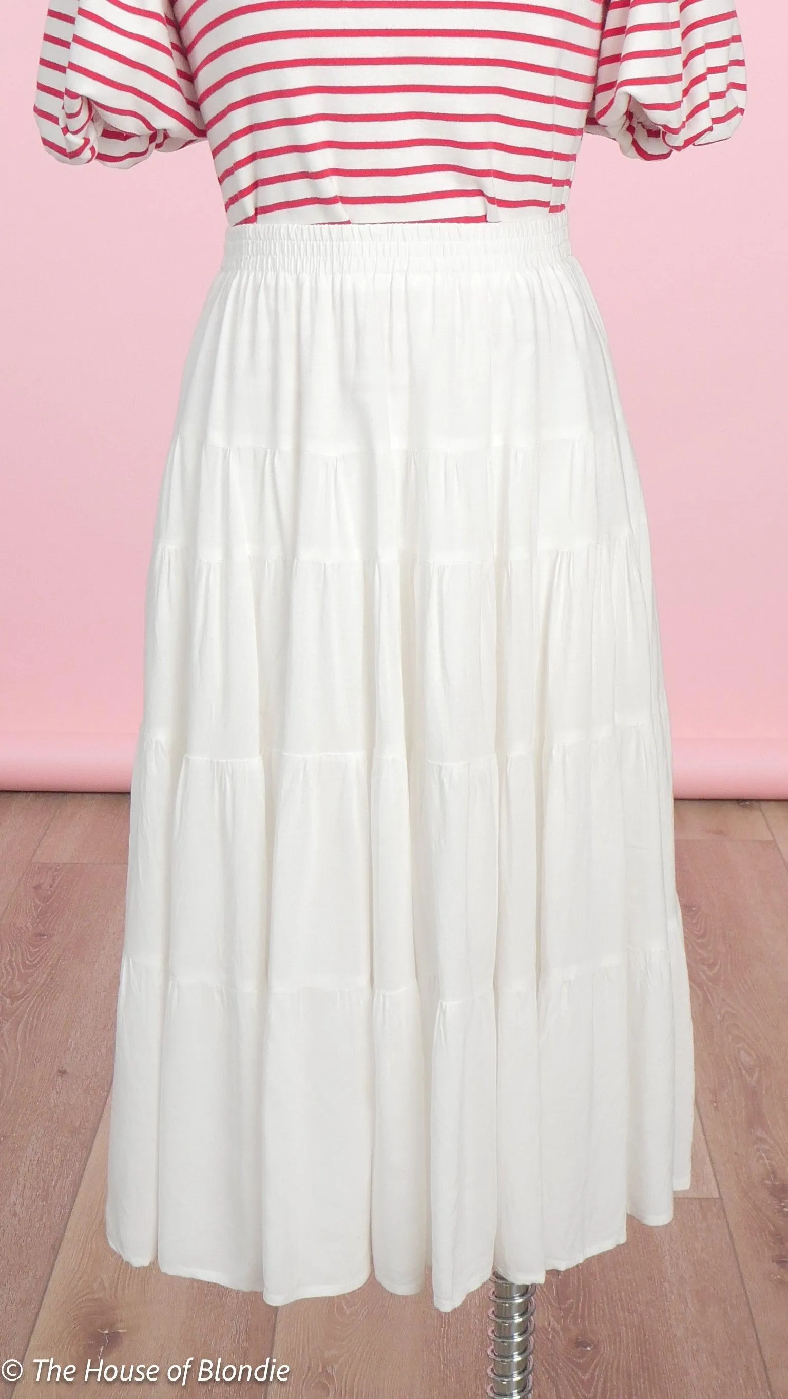 Amber Tiered Ruffle White Midi Skirt