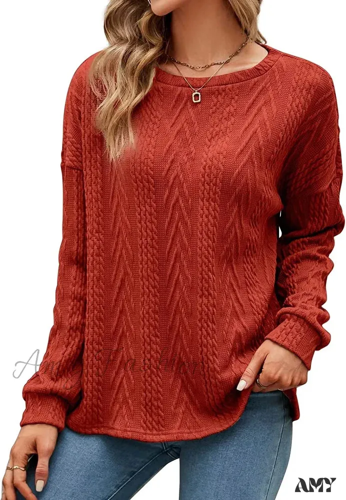 Amy Fashion - Cable Knit Tunic Sweater Crewneck Long Sleeve Sweater
