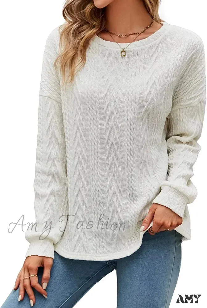 Amy Fashion - Cable Knit Tunic Sweater Crewneck Long Sleeve Sweater