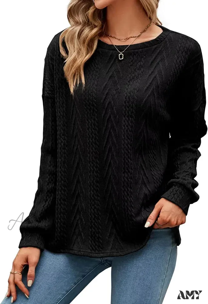Amy Fashion - Cable Knit Tunic Sweater Crewneck Long Sleeve Sweater