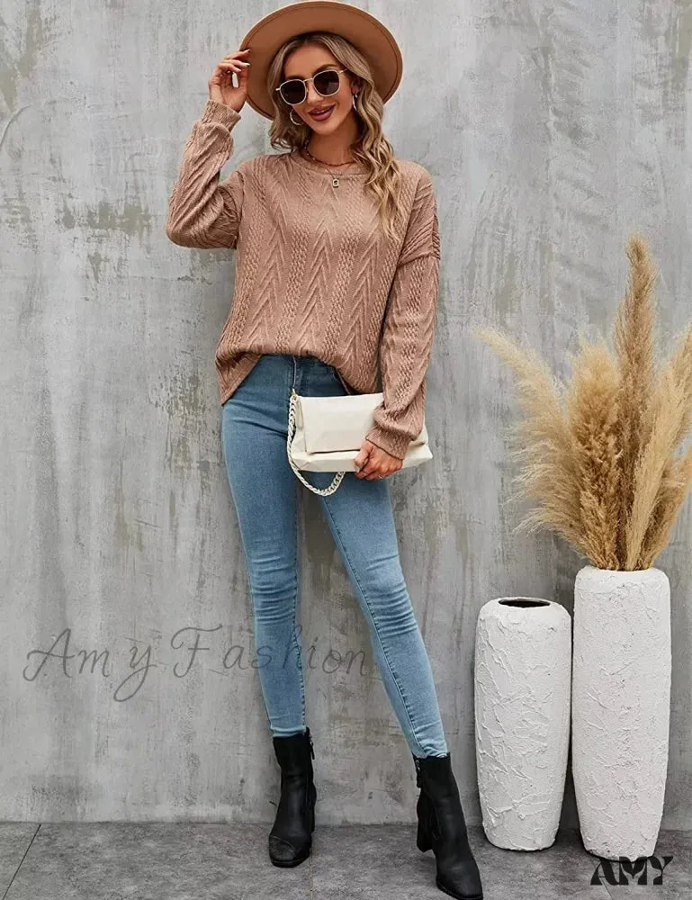 Amy Fashion - Cable Knit Tunic Sweater Crewneck Long Sleeve Sweater
