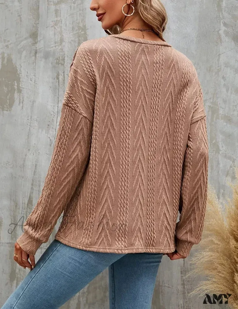 Amy Fashion - Cable Knit Tunic Sweater Crewneck Long Sleeve Sweater