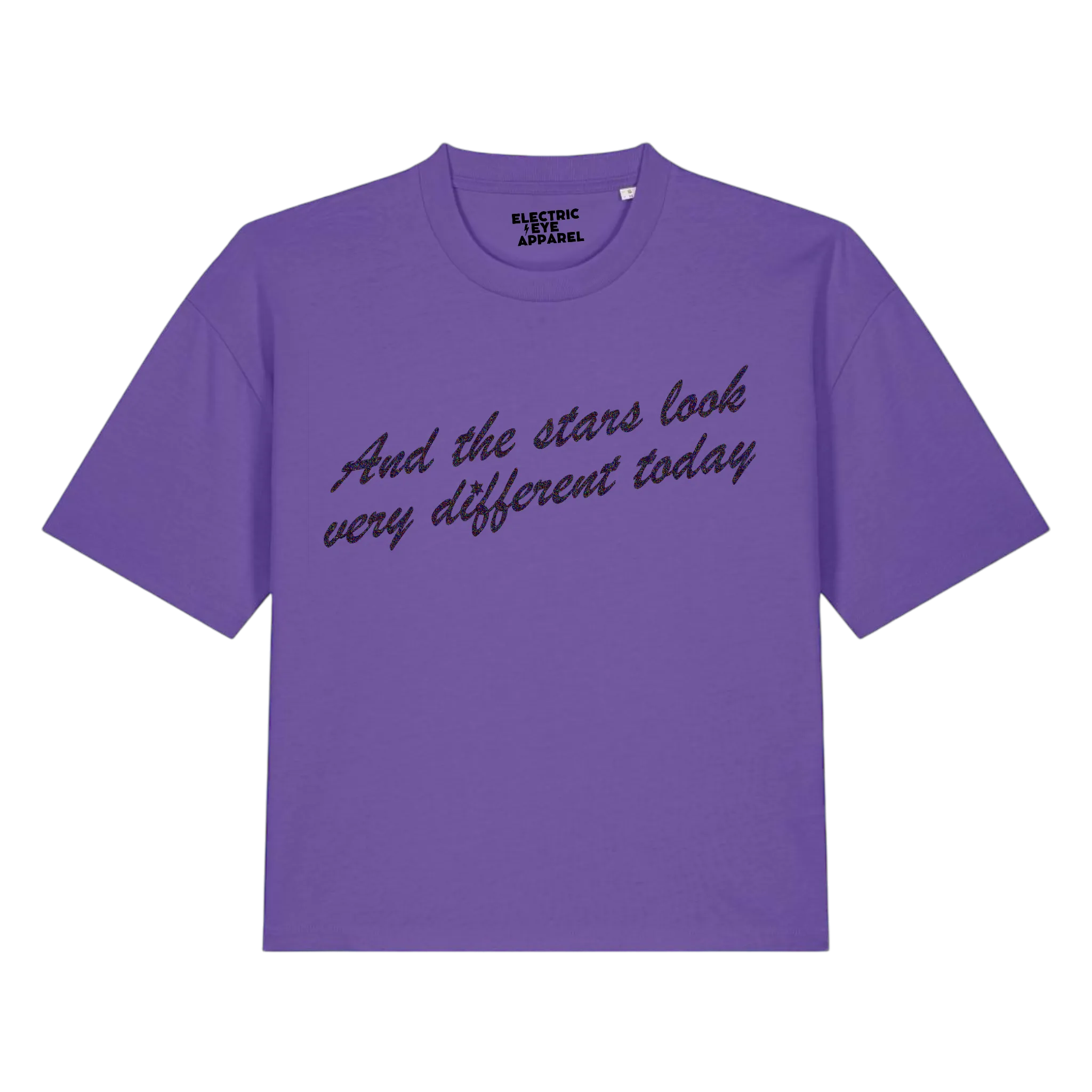 'AND THE STARS LOOK VERY DIFFERENT TODAY' glitter embroidered premium organic women's boxy 'nova' t-shirt - inspired by David Bowie