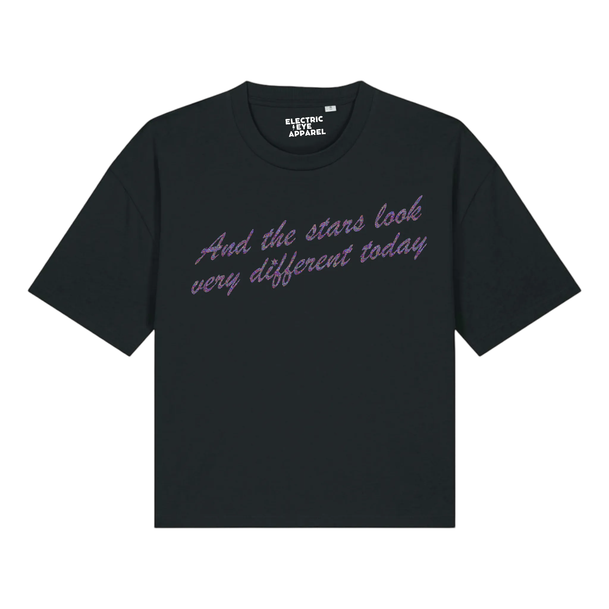 'AND THE STARS LOOK VERY DIFFERENT TODAY' glitter embroidered premium organic women's boxy 'nova' t-shirt - inspired by David Bowie