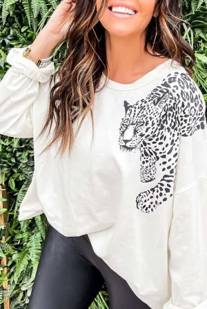 Beige Vigorous Cheetah Print Loose Long Sleeve Top