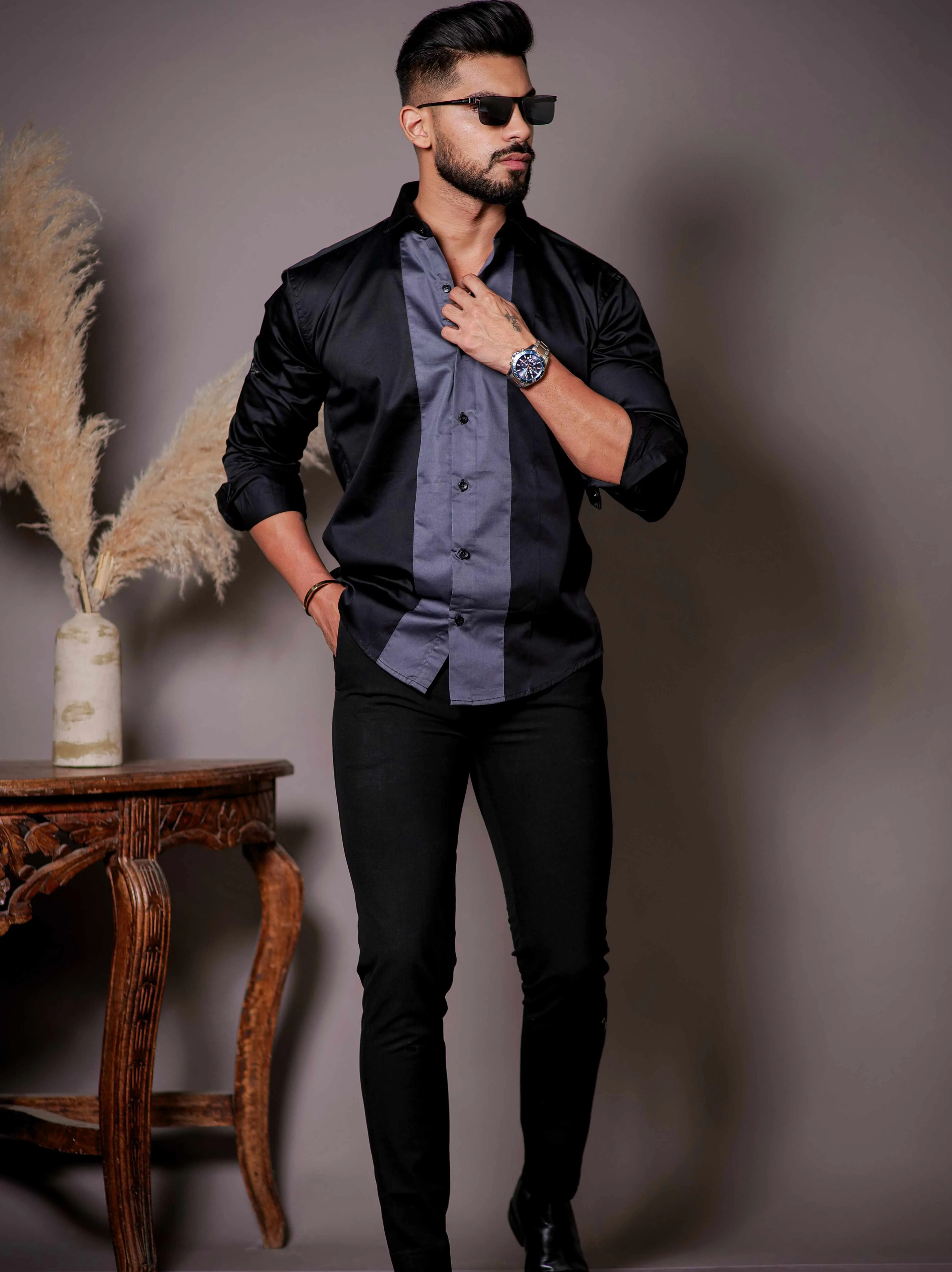 Black And Dark Grey Designer Satin Cotton Shirt