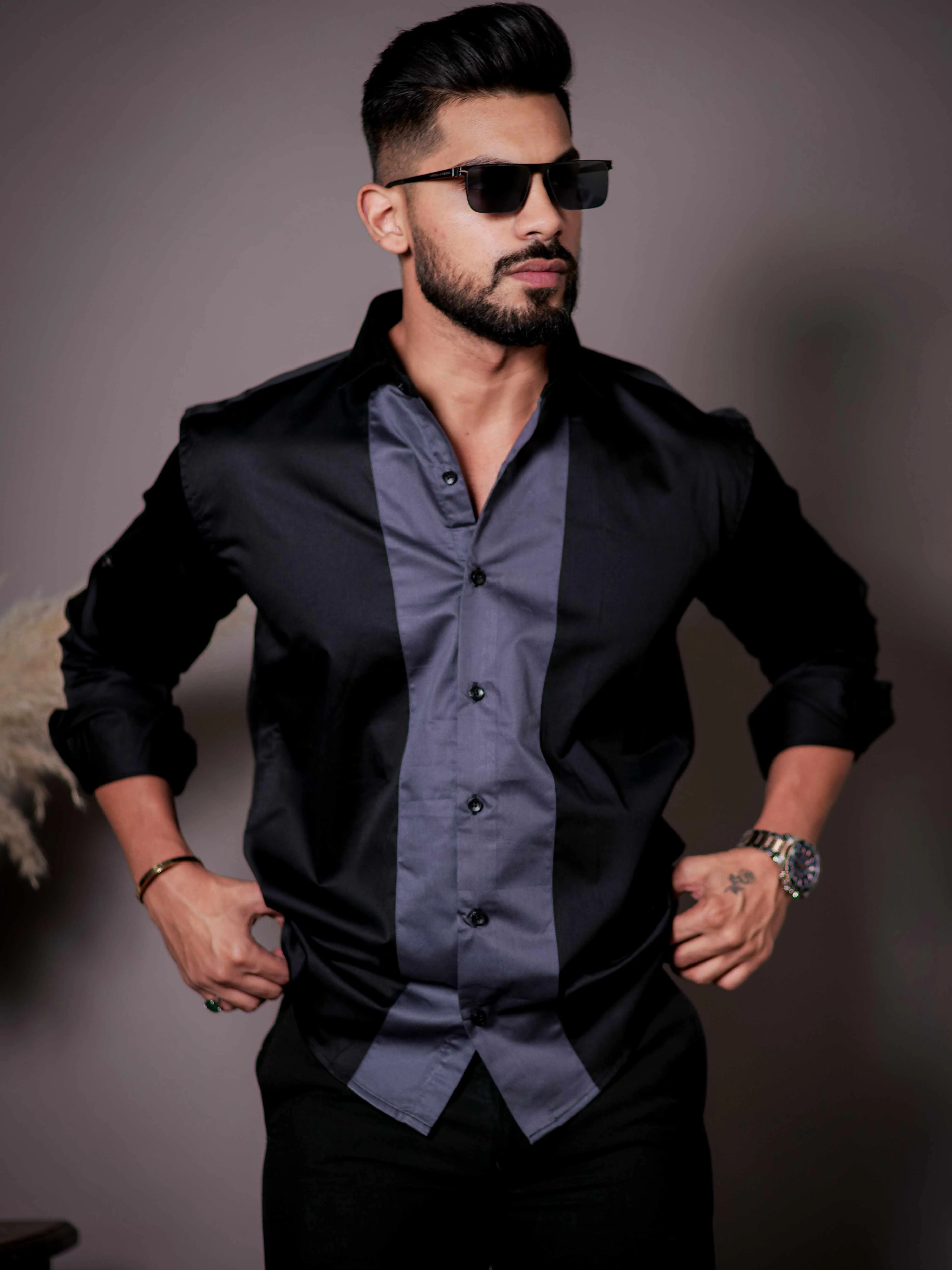 Black And Dark Grey Designer Satin Cotton Shirt