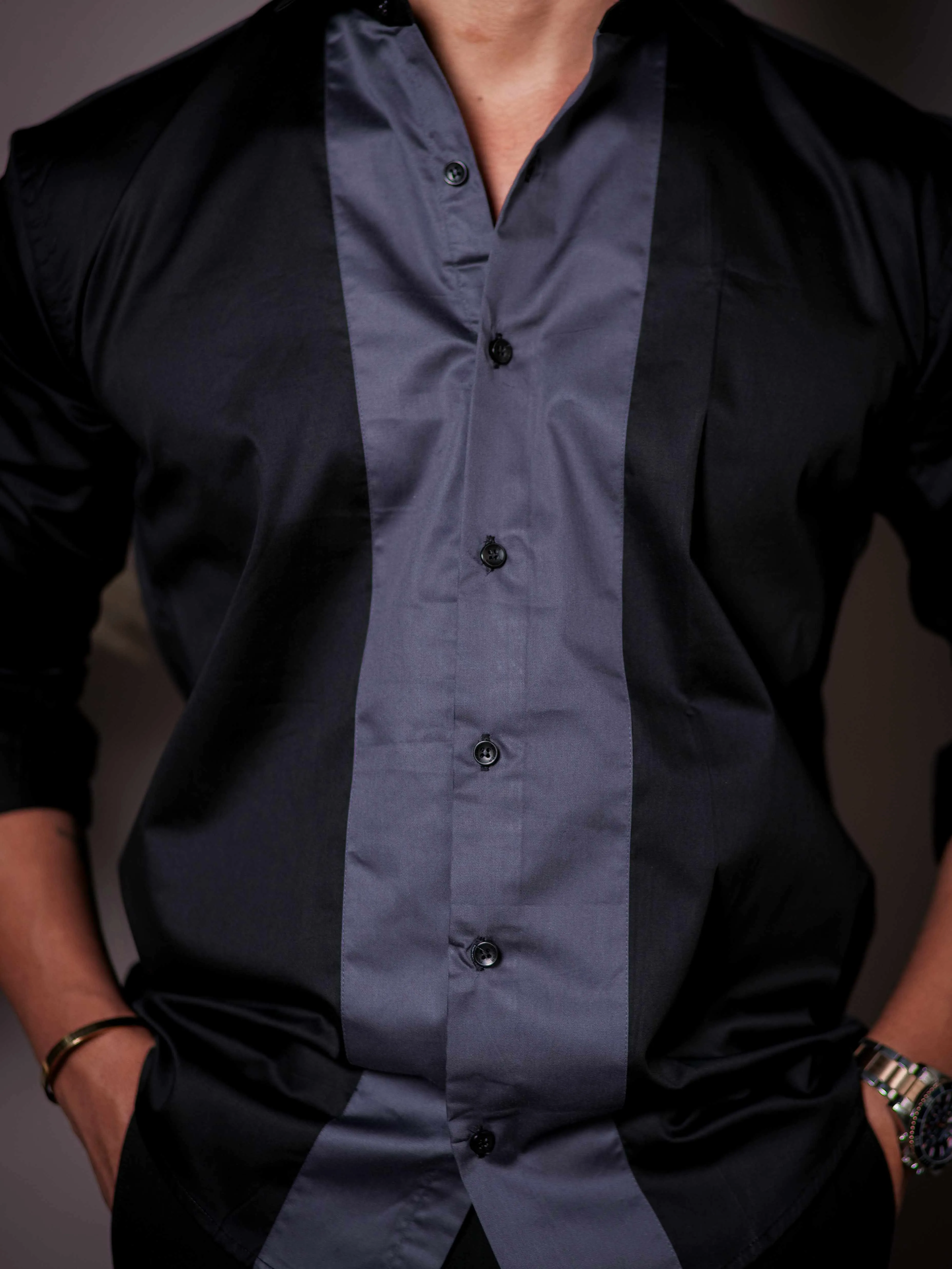 Black And Dark Grey Designer Satin Cotton Shirt