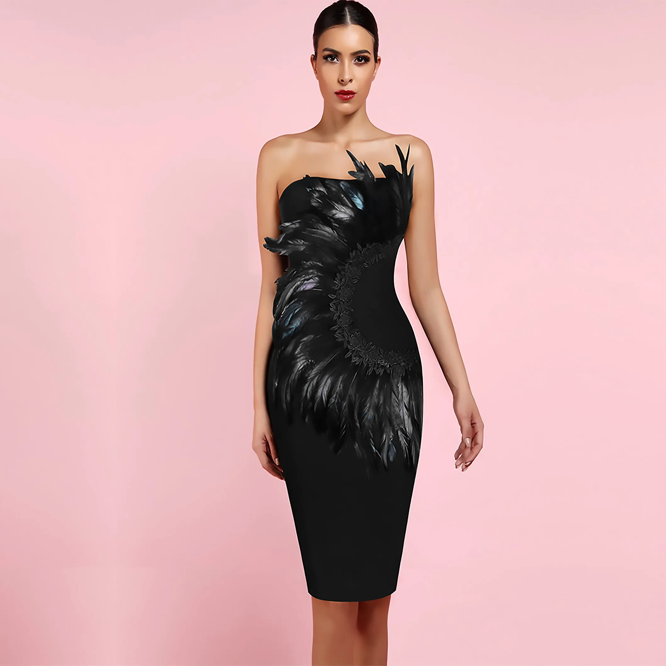 Black Feather Lace Detail Shoulderless Strapless Mini Bodycon