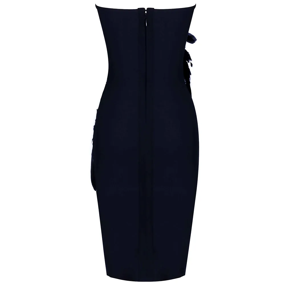 Black Feather Lace Detail Shoulderless Strapless Mini Bodycon