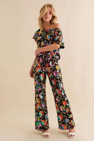 Black Multi Sequin Flower Boots Cut Long Pants