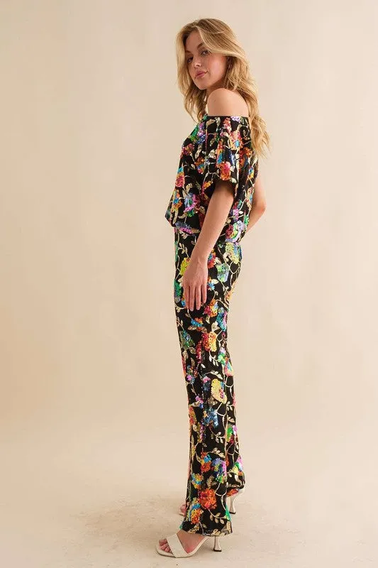 Black Multi Sequin Flower Boots Cut Long Pants