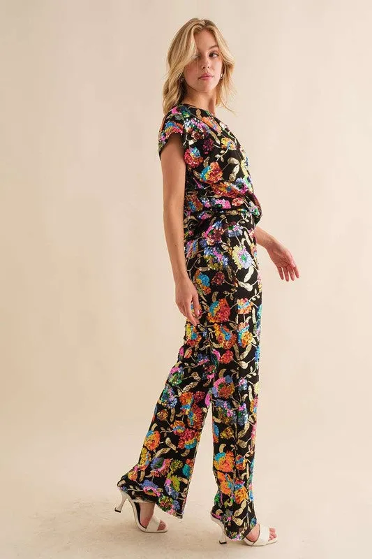 Black Multi Sequin Flower Boots Cut Long Pants