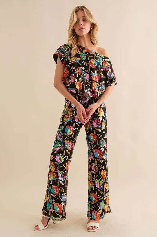 Black Multi Sequin Flower Boots Cut Long Pants