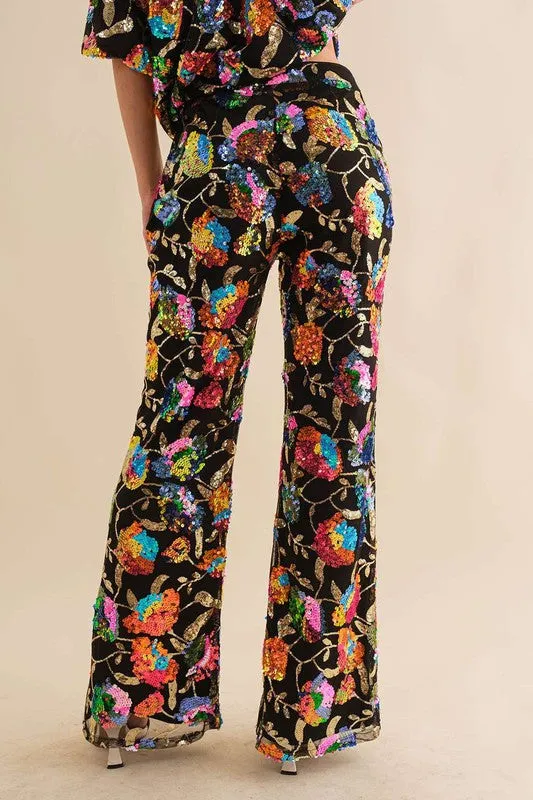 Black Multi Sequin Flower Boots Cut Long Pants