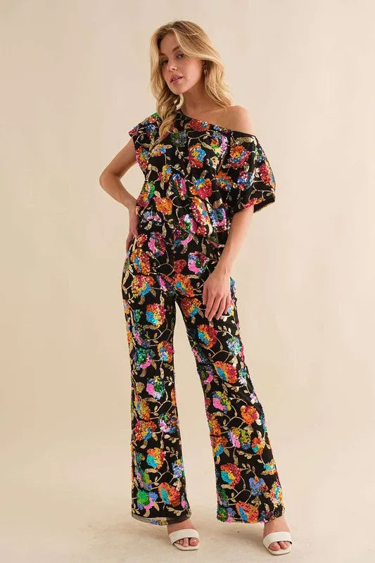 Black Multi Sequin Flower Boots Cut Long Pants