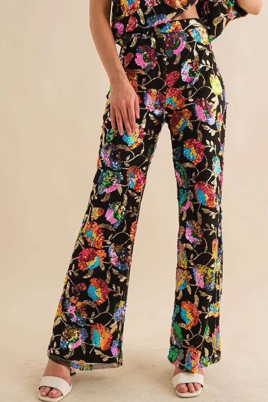 Black Multi Sequin Flower Boots Cut Long Pants