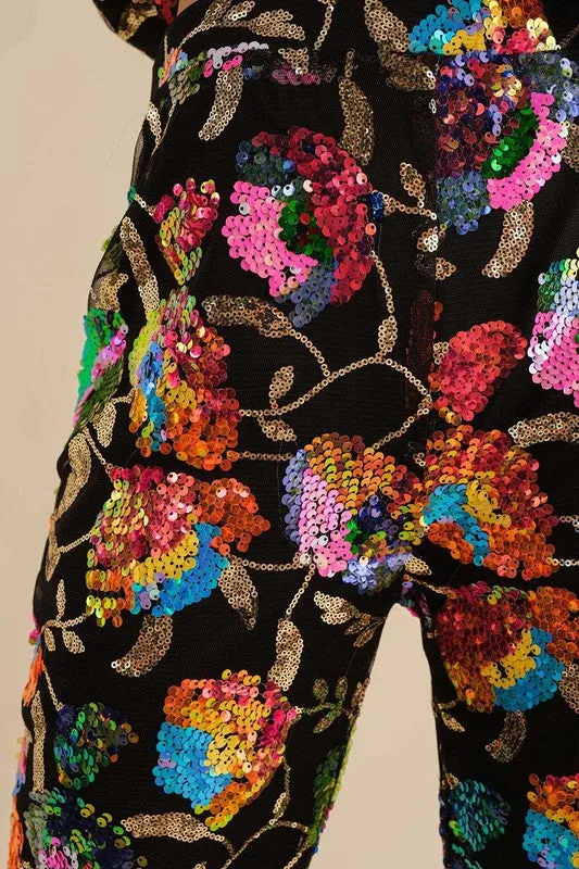 Black Multi Sequin Flower Boots Cut Long Pants