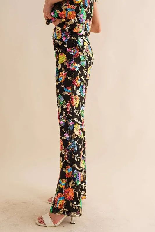Black Multi Sequin Flower Boots Cut Long Pants