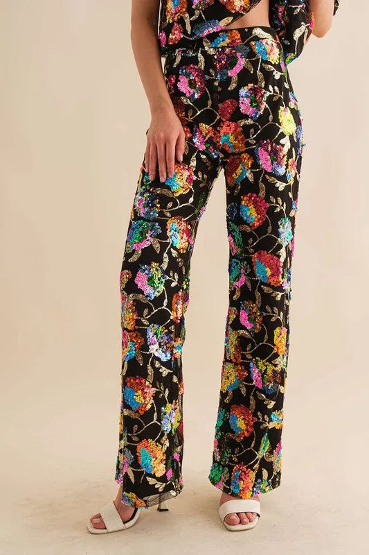 Black Multi Sequin Flower Boots Cut Long Pants