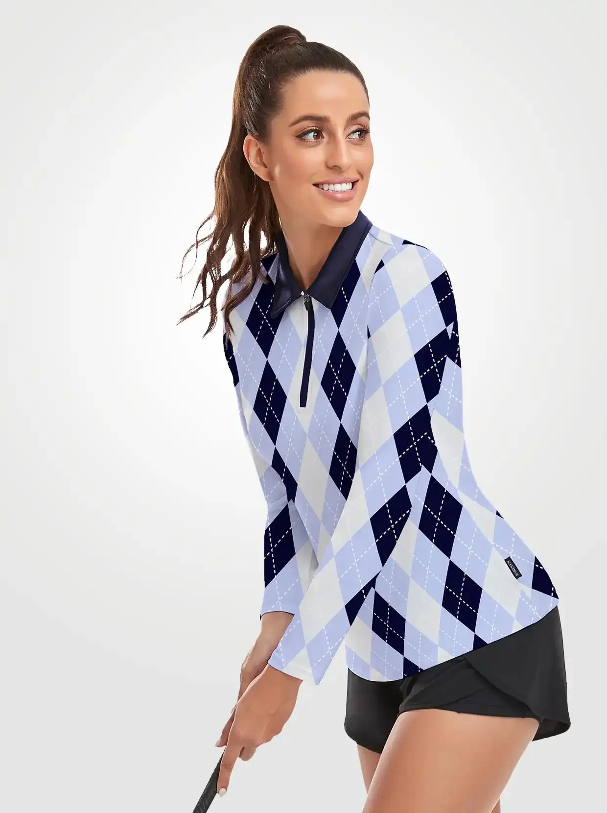 Blue and White Checkerboard Quarter-zip Long-sleeve Polo Shirt for Women
