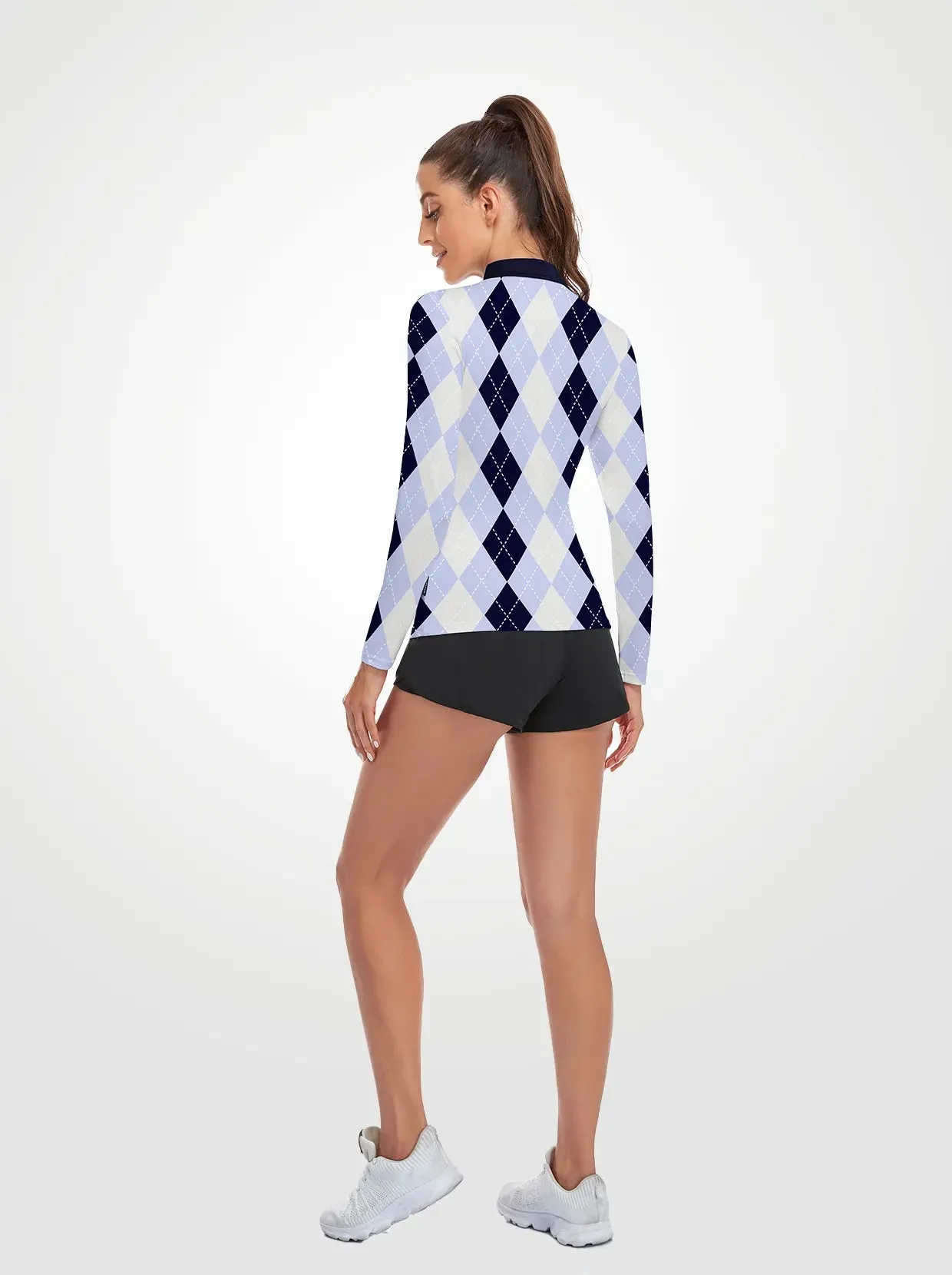 Blue and White Checkerboard Quarter-zip Long-sleeve Polo Shirt for Women