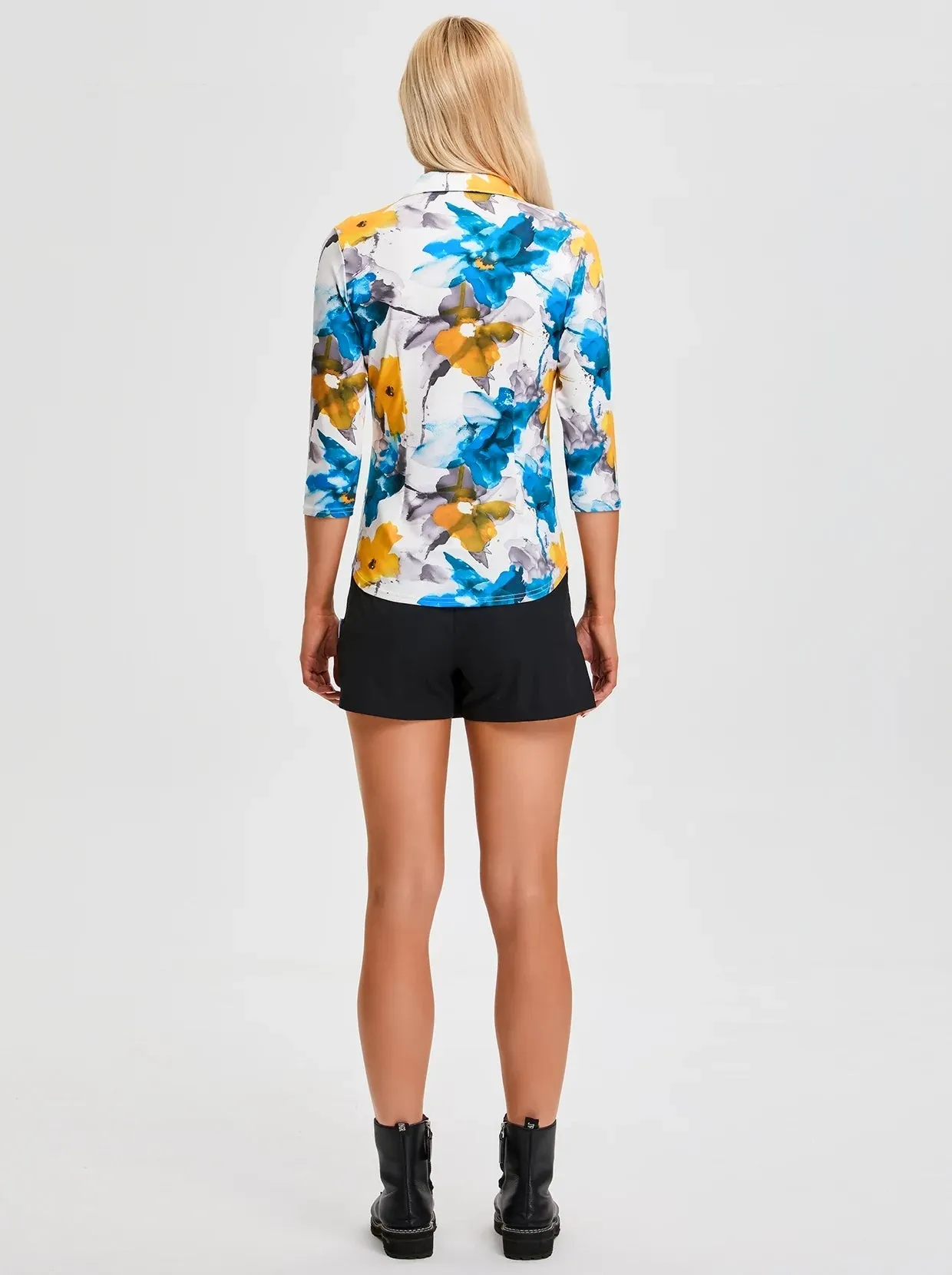 Blue and Yellow Floral V-neck Button-Down 3/4 Sleeve Shirt For Women