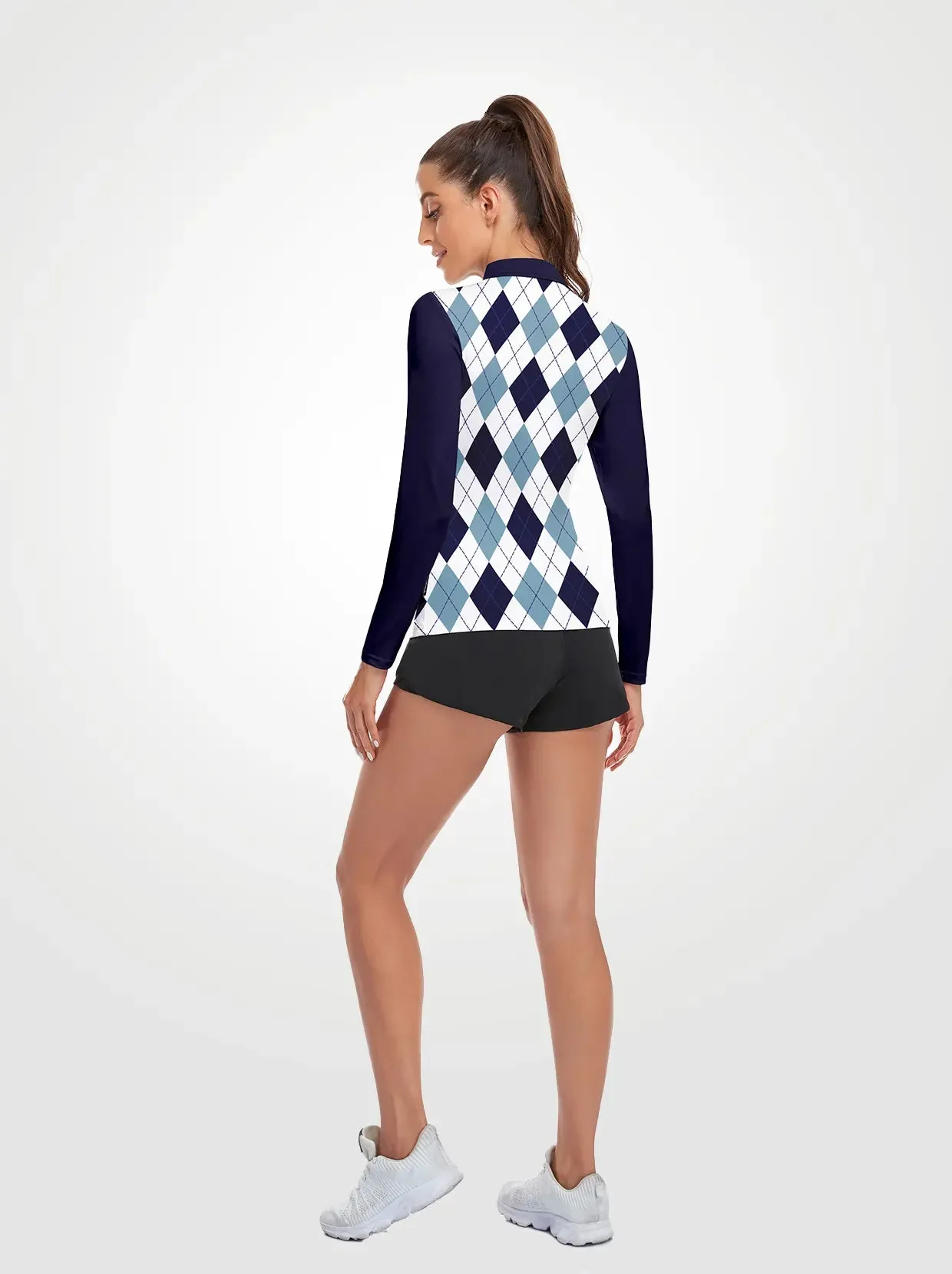 Blue Checkerboard Quarter-zip Long-sleeve Polo Shirt for Women