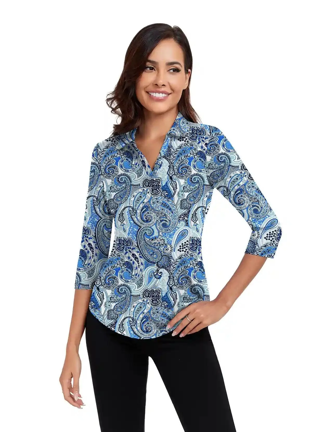 Blue Magic Paisley 3/4 Sleeve V-neck Polo Shirt for Women