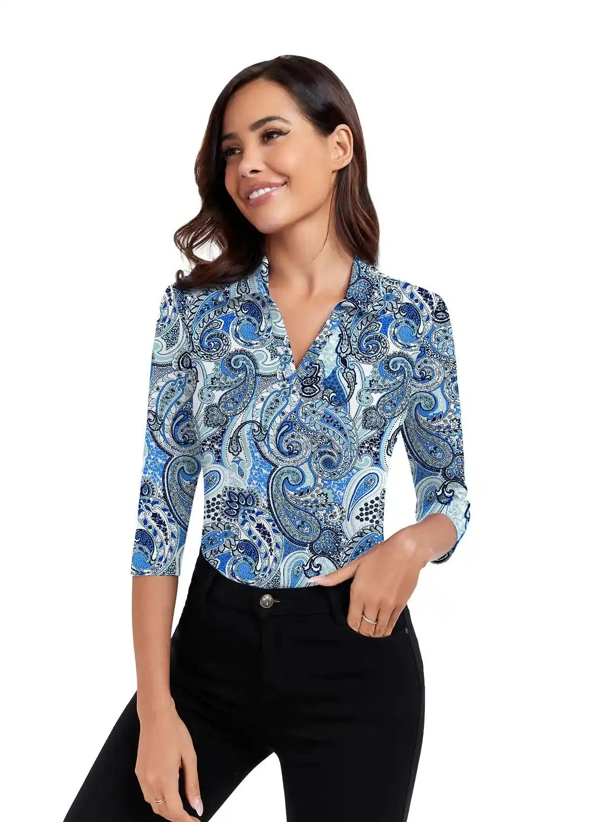 Blue Magic Paisley 3/4 Sleeve V-neck Polo Shirt for Women