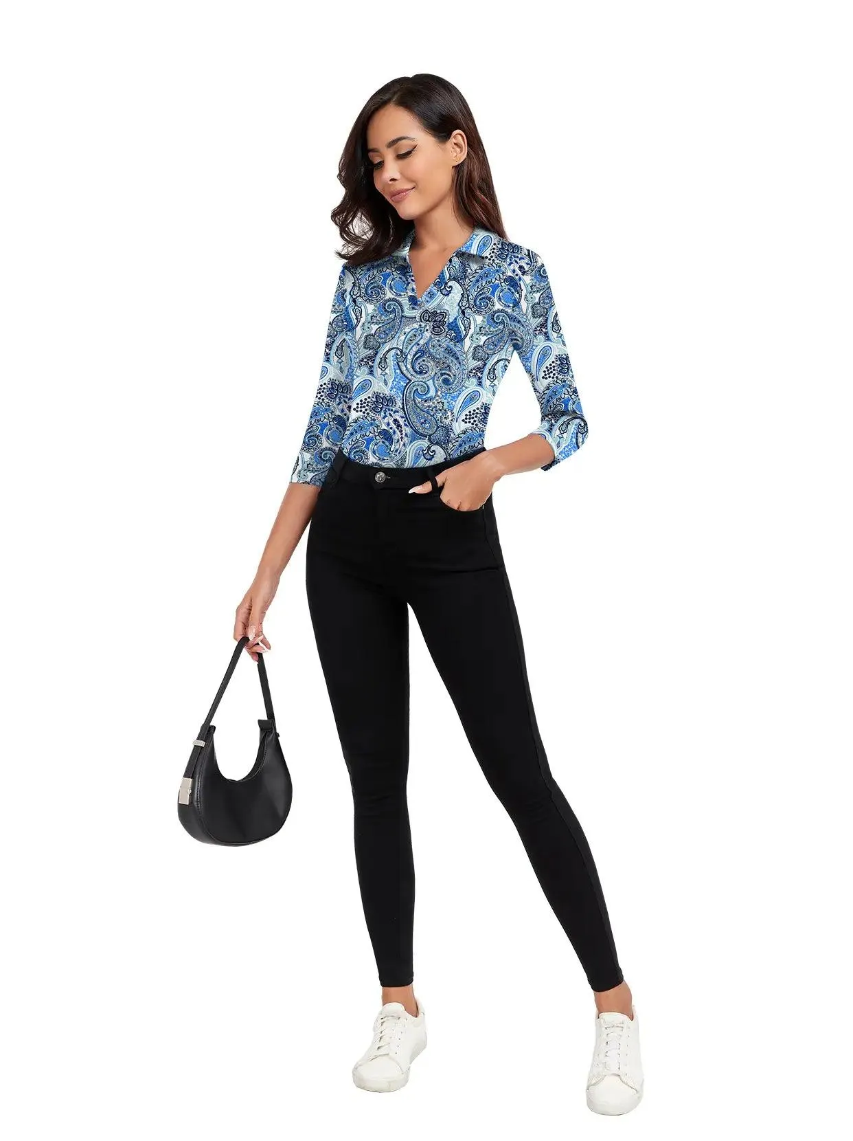 Blue Magic Paisley 3/4 Sleeve V-neck Polo Shirt for Women