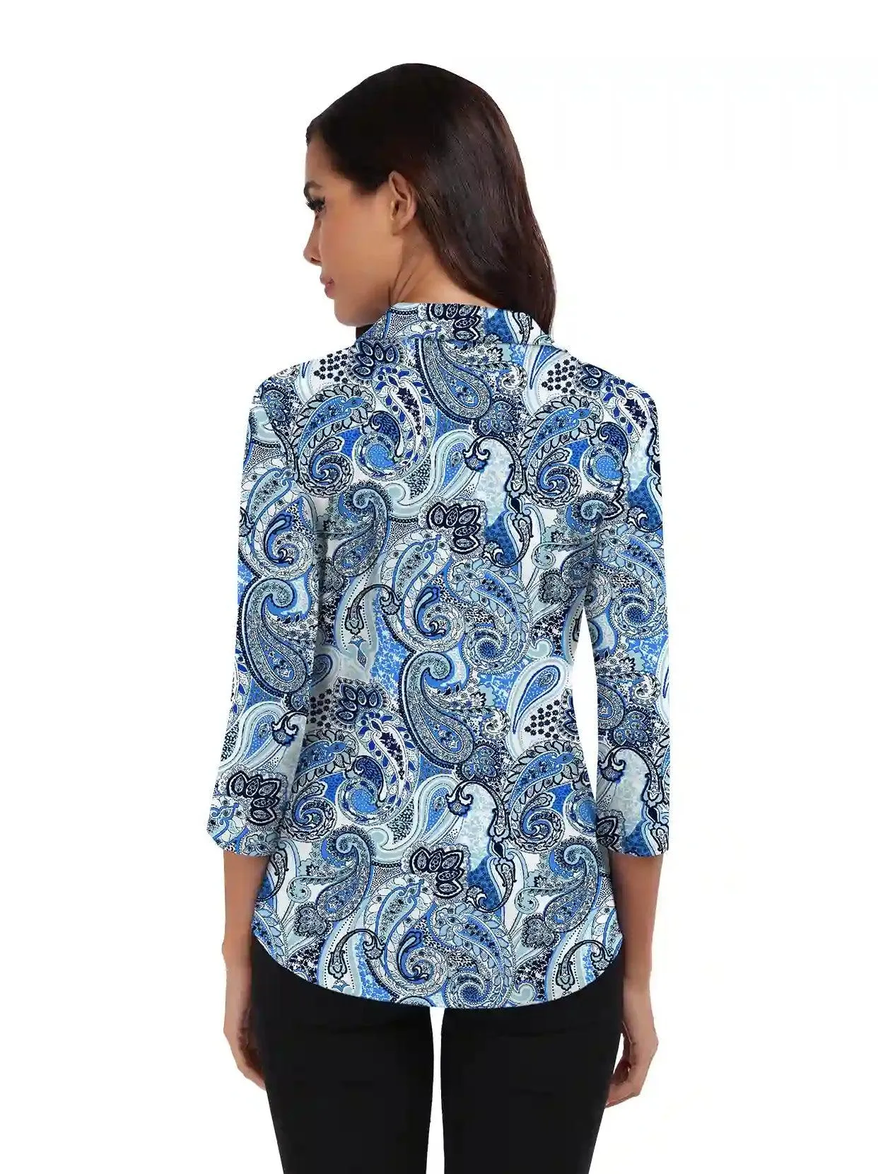Blue Magic Paisley 3/4 Sleeve V-neck Polo Shirt for Women