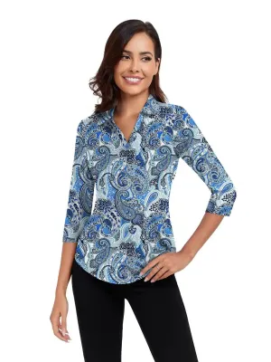Blue Magic Paisley 3/4 Sleeve V-neck Polo Shirt for Women