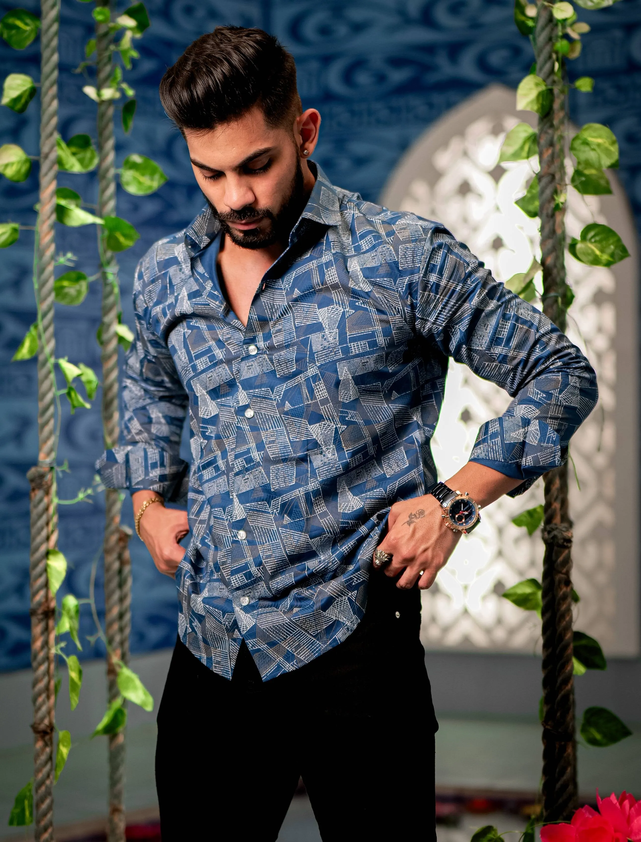 Blue Satin Print Premium Shirt