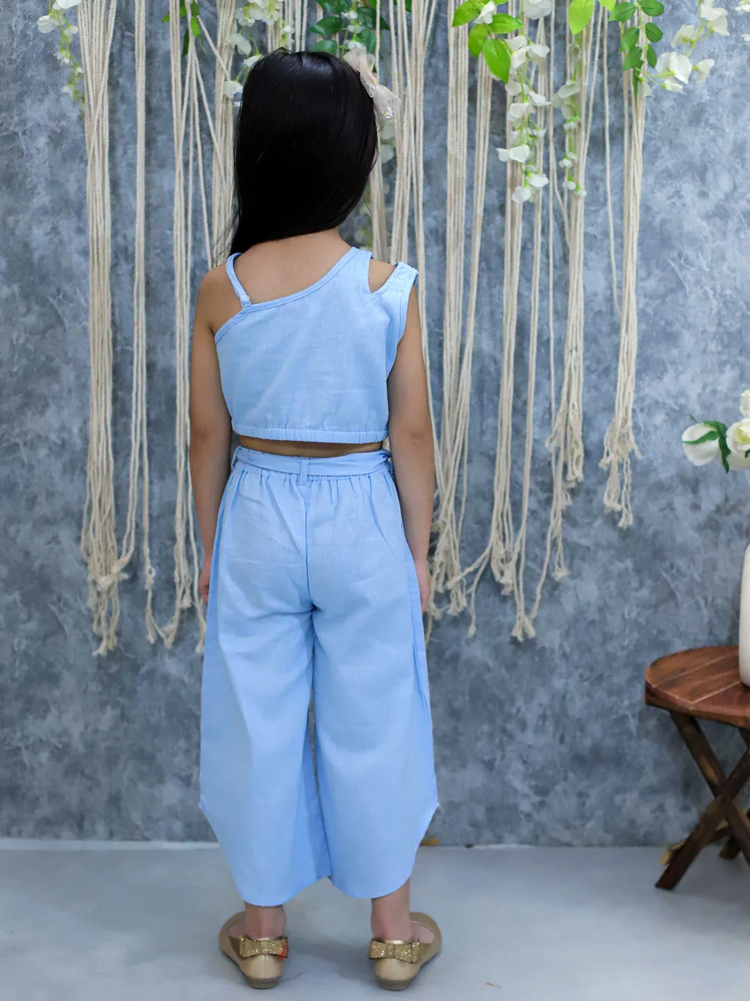BownBee Girls Cotton Embroidered Top with Palazzo Pants Co Ords- Blue