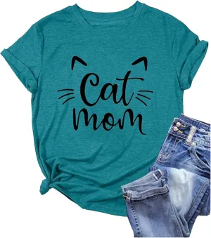 Cat Mom Shirts for Women Cat Mama T-Shirts Pet Lover Gifts Shirts Funny Cat Graphic Tees Shirts Oversized Tshirts for Women Basic Tees for Women