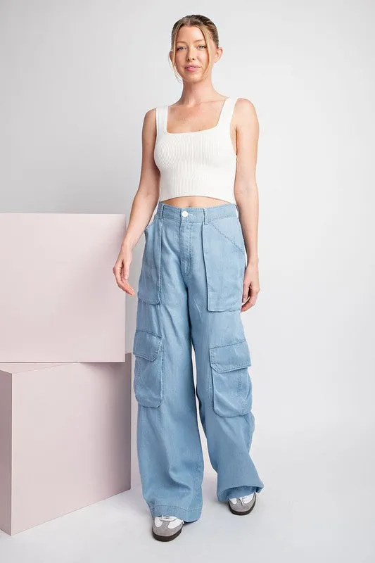 Chambray Mineral Washed Cargo Straight Leg Pants