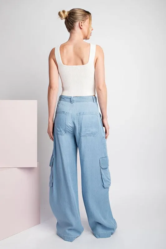 Chambray Mineral Washed Cargo Straight Leg Pants