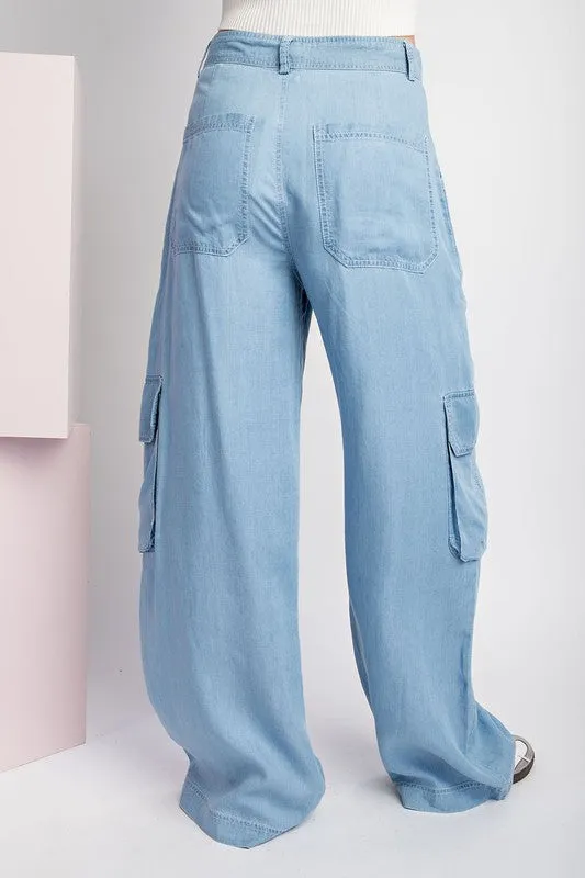 Chambray Mineral Washed Cargo Straight Leg Pants