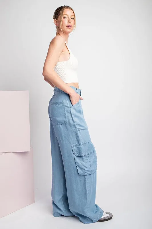 Chambray Mineral Washed Cargo Straight Leg Pants