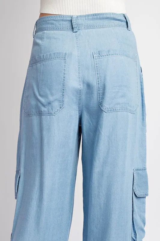 Chambray Mineral Washed Cargo Straight Leg Pants