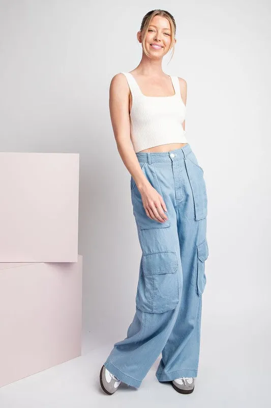 Chambray Mineral Washed Cargo Straight Leg Pants